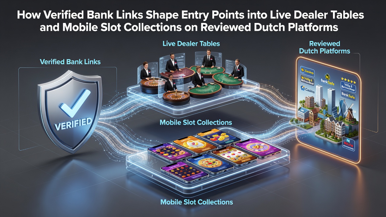 Illustratie van geverifieerde bankkoppelingen die toegang verschaffen tot live dealer tafels en mobiele slots op Nederlandse platforms
