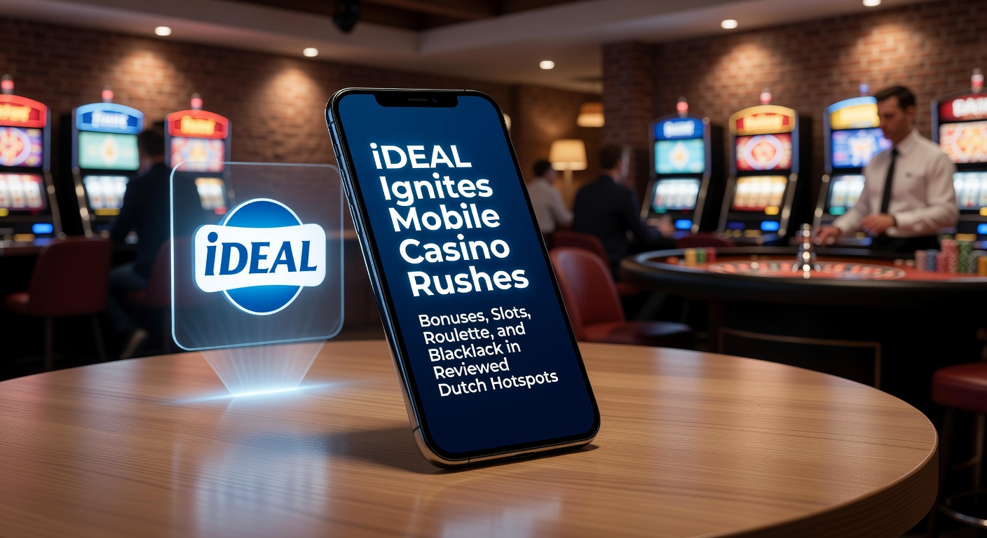 Smartphone met iDEAL-betaling op een mobiel casino-scherm, slots en bonussen zichtbaar in een Nederlands casino-app