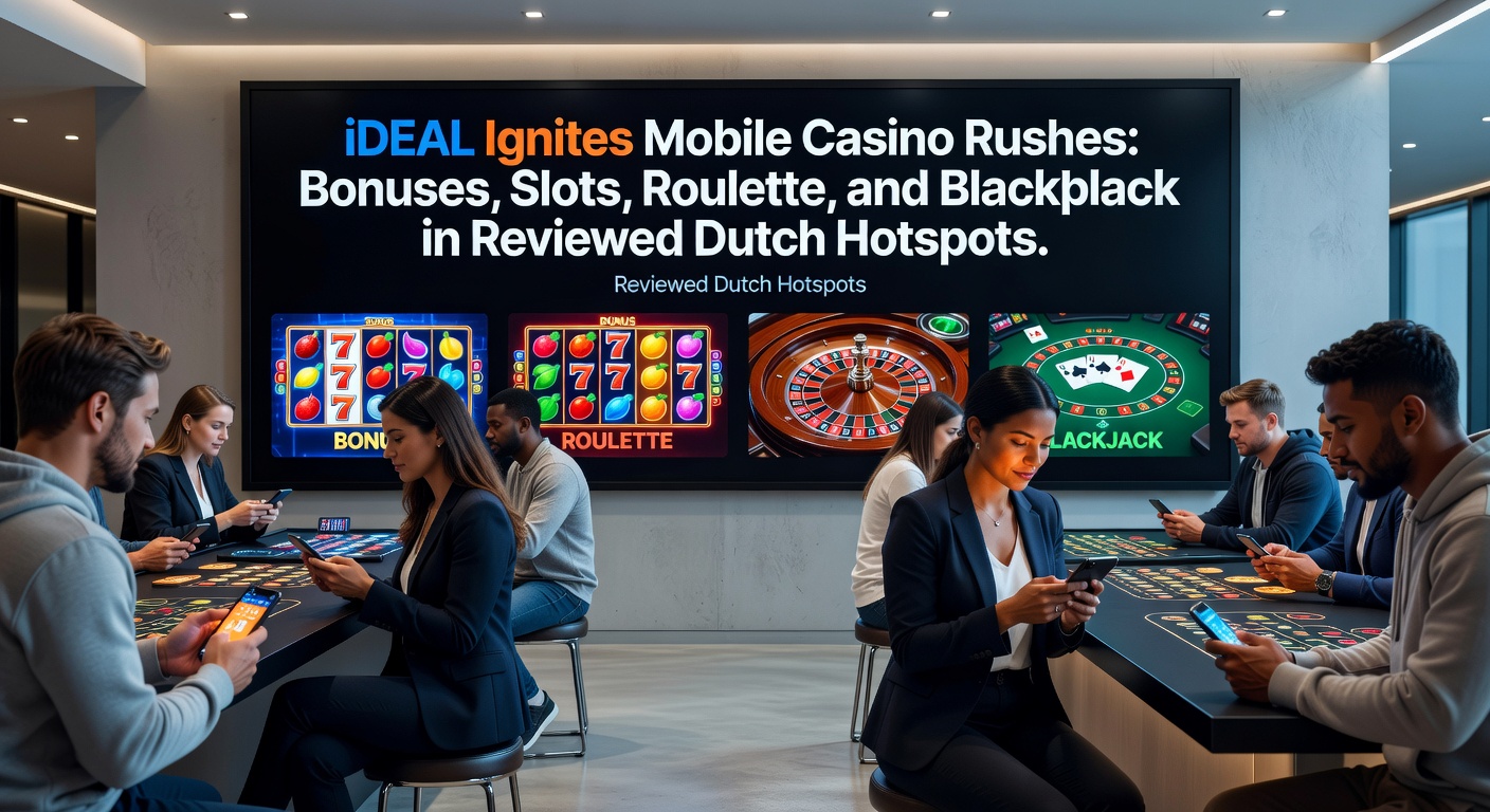 Dynamische gokkast met draaiende rollen, mobiel scherm toont jackpot en iDEAL-logo in een Nederlands casino-thema