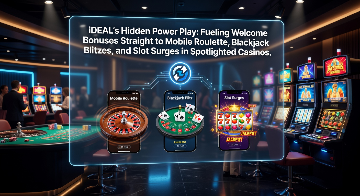Afbeelding van een dynamische mobiele casino-interface met iDEAL-betaling, roulettetafel, blackjack-kaarten en draaiende slots op een smartphone-scherm