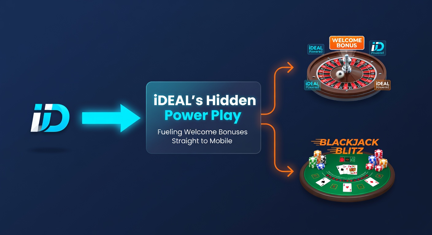 Close-up van een smartphone met iDEAL-bevestigingsscherm, overlappend met blackjack-handen, roulettemultipliers en exploderende slot-symbolen