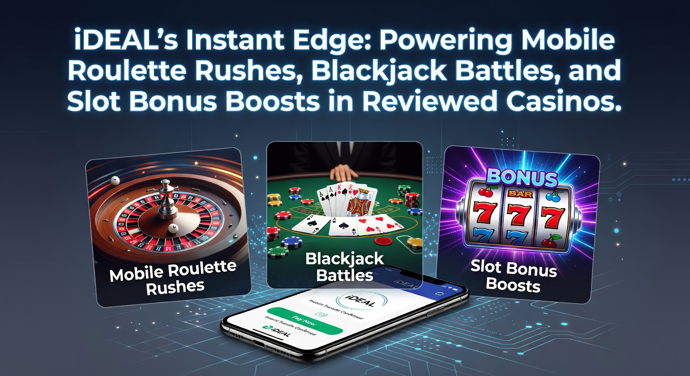 Schermafbeelding van een mobiel casino met iDEAL-betaling en roulette-wiel in actie, inclusief snelle storting en bonusactivatie