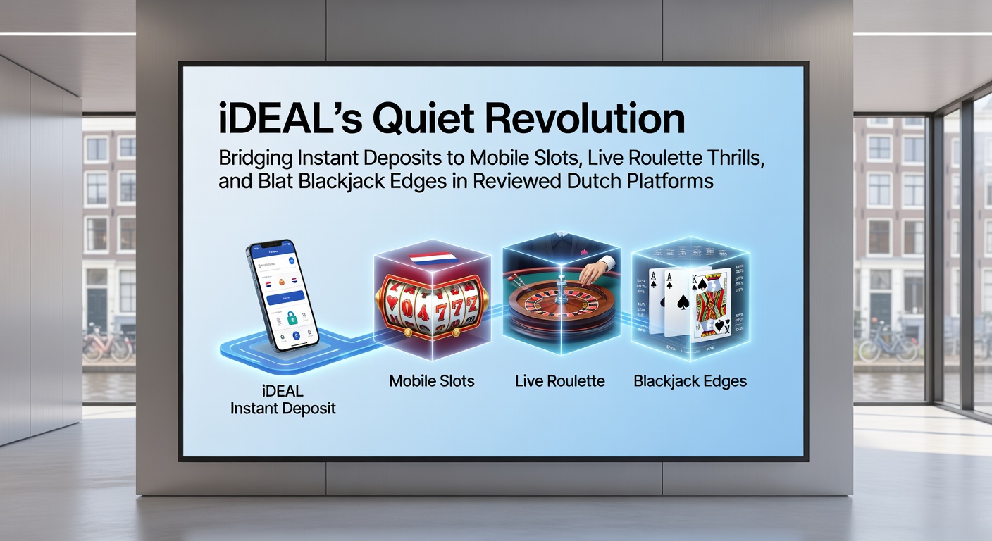 Grafische weergave van een iDEAL-transactie die direct leidt naar een mobiel casino-spel met slots en live dealers