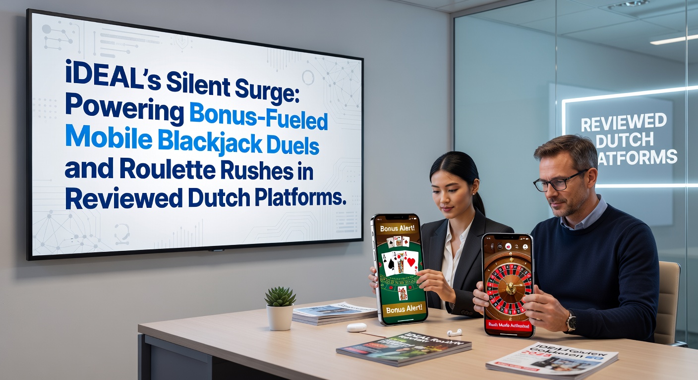 iDEAL-logo geïntegreerd met mobiele blackjack-tafel en roulette-wiel op een Nederlands casino-platform, symboliserend snelle bonus-stortingen