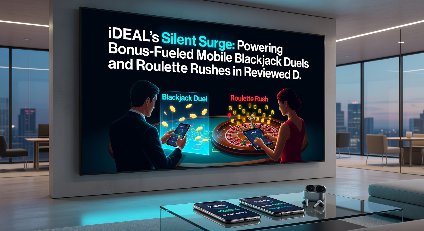 Mobiel scherm met roulette-wheel in actie, blackjack-kaarten en iDEAL-bevestigingsscherm op een Nederlands casino-app, illustrerend bonus-rushes