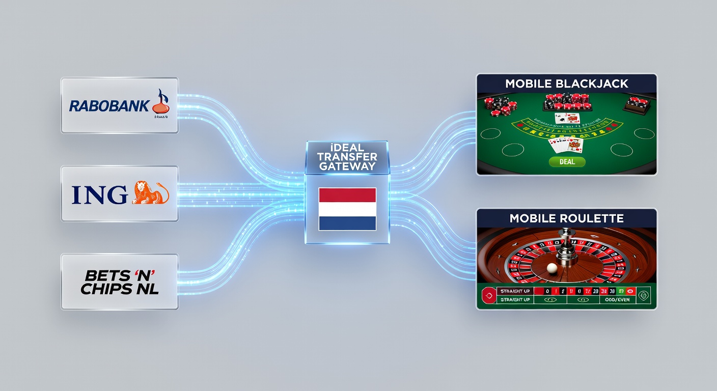Illustratie van iDEAL-betalingspaden die Nederlandse platforms koppelen aan mobiele blackjack- en roulettespellen